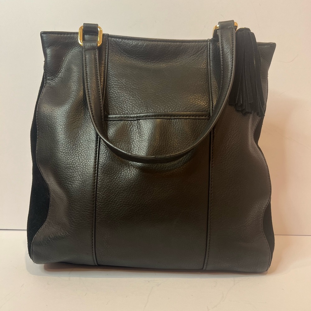 margot Black Leather Shoulder Tote with Tassel
